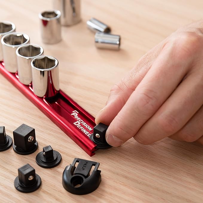 Precision Defined Aluminum Tool Socket Holder 3-Piece Set | Red, 1/4-Inch x 16 Clips, 3/8-Inch x 16 Clips, 1/2-Inch x 14 Clips | 360 Rotation - Heavy Duty Socket Rails Organizer, Socket Storage