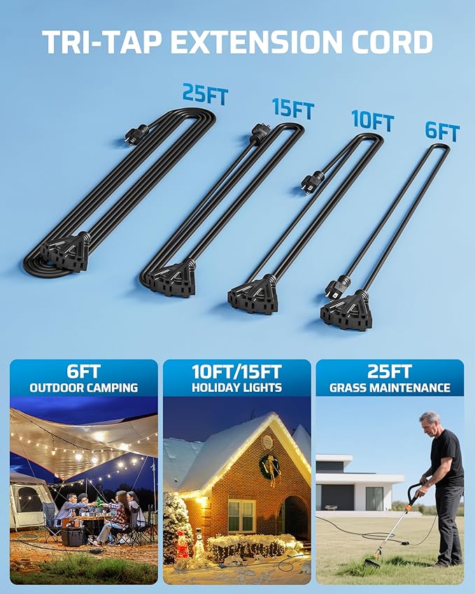 DEWENWILS 25FT Outdoor Extension Cord, Tri-Tap Extension Cord Splitter, 3 Outlet 16/3 SJTW Power Cable for Landscape Lighting String Lights, 13A/125V/1625W, ETL Listed, Black, 1 Pack