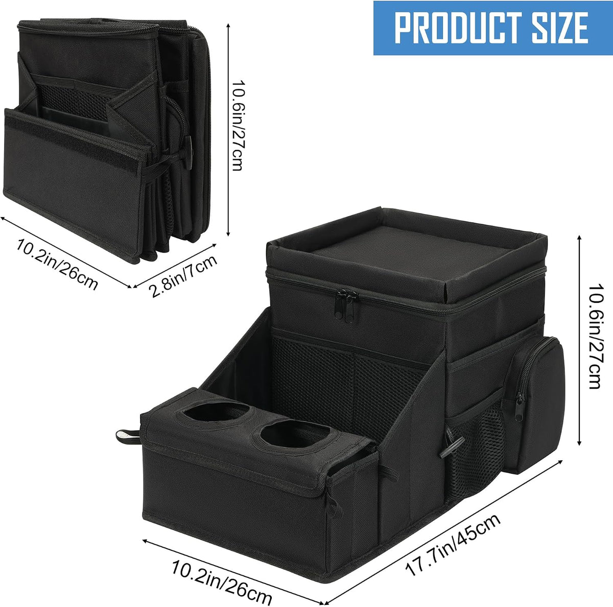 COOLBEBE Car Seat Organizer, Backseat Car Organizer with Cup Holders for Kids and Adults Travel, Cooler Compartment Passenger Seat Organizer Storage Box for Front or Middle Seat, Black