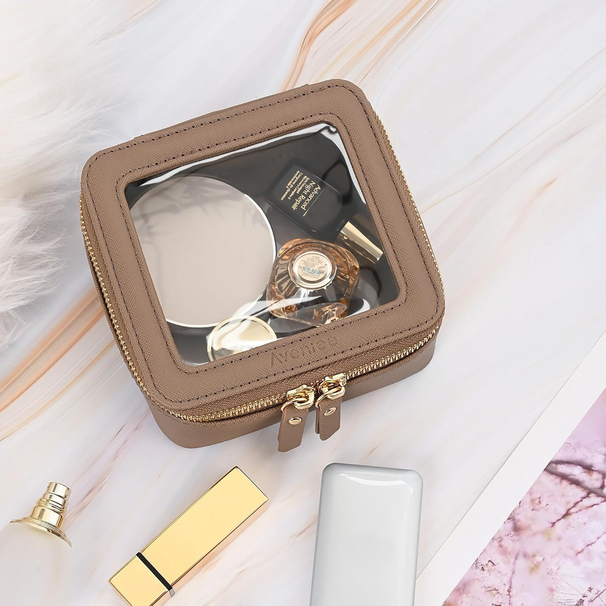 Aveniee Mini Clear Makeup Bag, Small Travel Toiletry Bag Cosmetic Bags TSA Approved, Clear Makeup Case Pouch with Zipper, Car Organizer Essentials for Women Men,Taupe