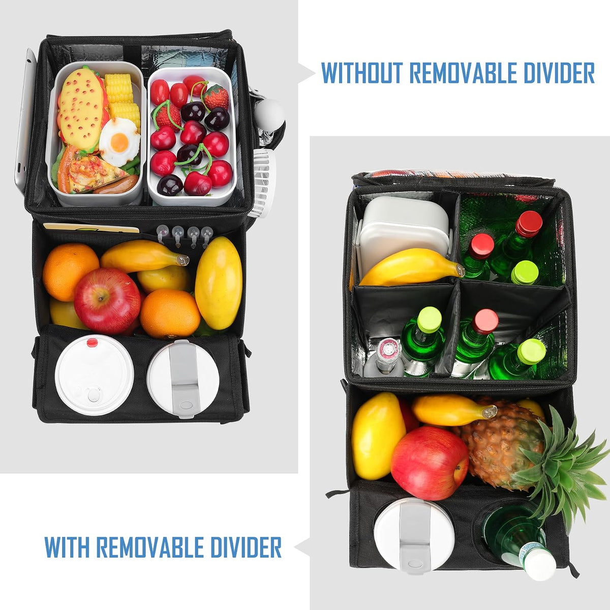 COOLBEBE Car Seat Organizer, Backseat Car Organizer with Cup Holders for Kids and Adults Travel, Cooler Compartment Passenger Seat Organizer Storage Box for Front or Middle Seat, Black