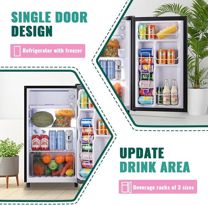 Compact Refrigerator 3.2 CU.FT Mini Fridge with Freezer Single Door Adjustable Temperature Side Door Wire Rack suit for Dorm Office Apartment BLACK