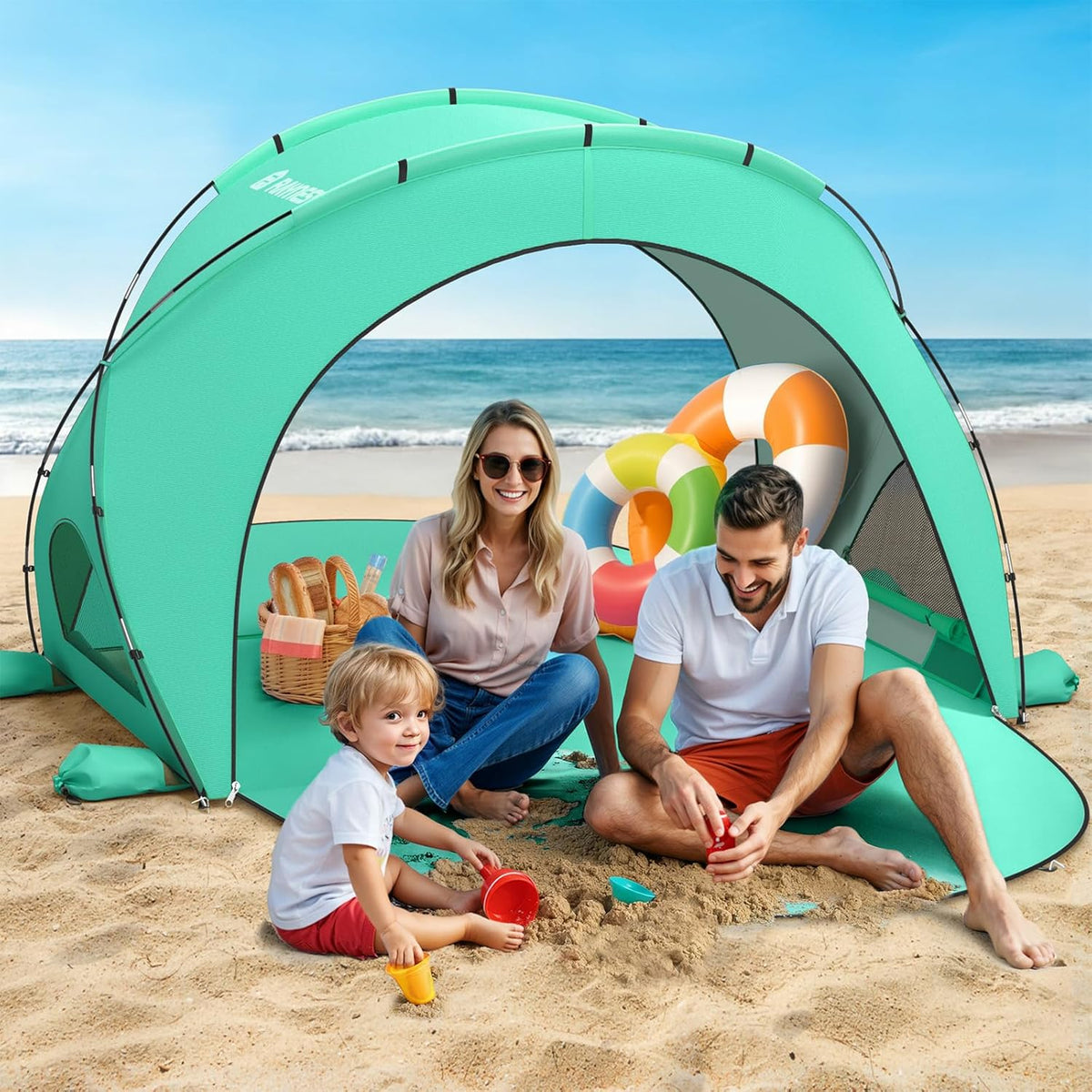 Raynesys Beach Tent - Portable Sun Shelter for 1-3 People | Green Shade with 2 Zippered Doors