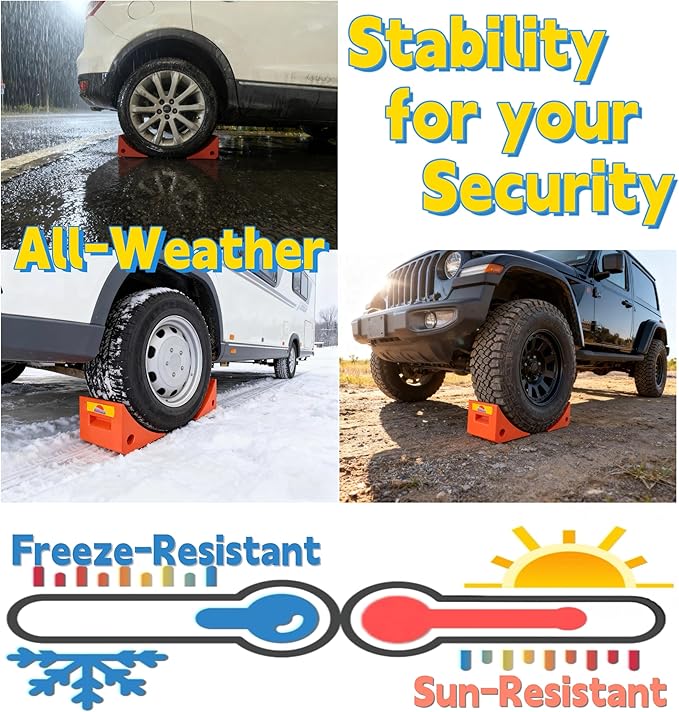 Heavy Duty Orange Polyurethane PU Wheel Chocks with Reflective Strips - 2-Piece (8.2x7x5.75 Inch), All-Weather, Non-Slip & Portable Parking Security for Truck, RV, Trailer (2, S)