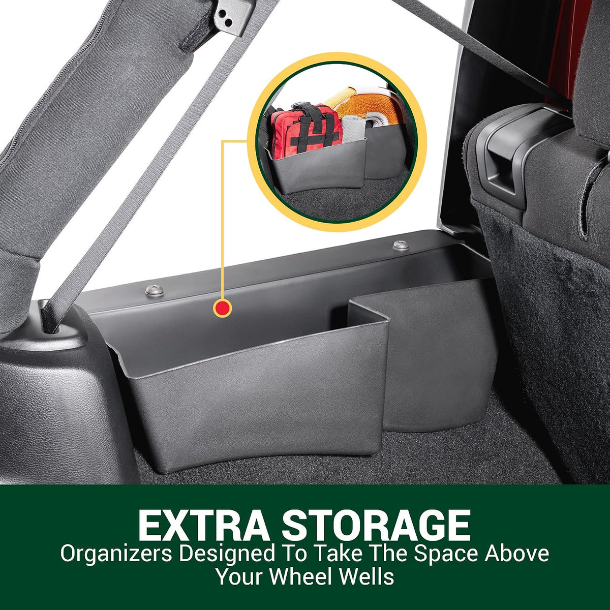 Quadratec Rear Wheel Well Storage Organizer Bin, 2-Piece Set for Left & Right Side - Fits Jeep Wrangler JK Unlimited 4-Door 2007-2018 - Interior Jeep Wrangler Accessories - Cargo Area Storage Box