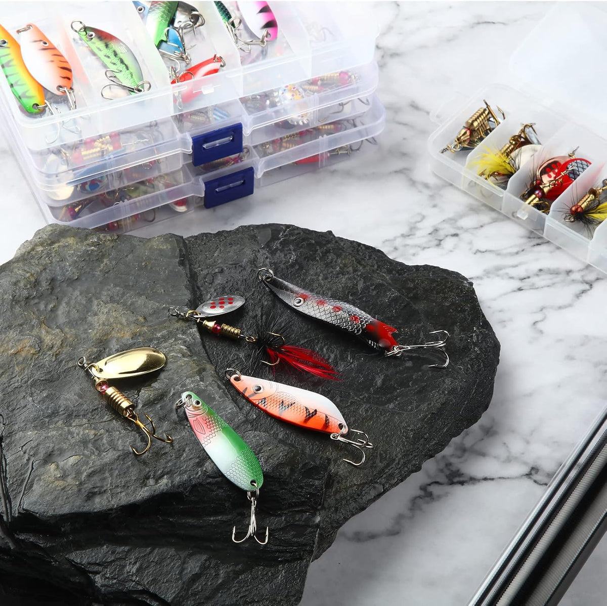 Skiennix Fishing Lures Kit - 100 Pcs Metal Spinner Baits for Trout, Salmon, Bass | Includes 4 Tackle Boxes