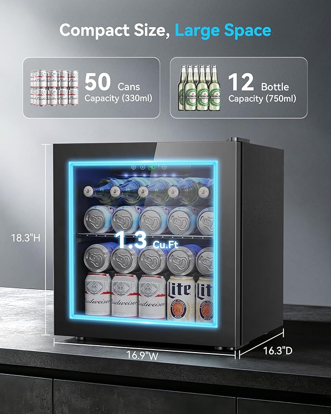 Feelfunn 50 Can Beverage Refrigerator, 1.3CuFt Mini Fridge with Glass Door | 40-61°F, ≤38dB, fast even cooling, removable shelf. For soda, beer, wine, 50 cans or 12 bottles in bedroom, office, dorm