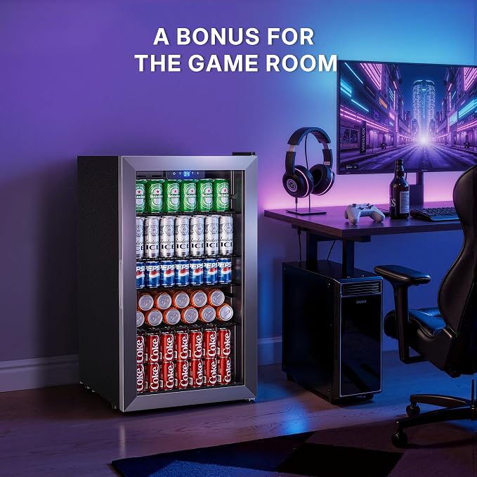 130 Can Beverage Refrigerator, 3.2 Cu.ft Mini Fridge, Glass Door, Silver | 34-64°F, LED Interior Light, Adjustable Removable Shelves, Beverage Cooler for Bedroom, Office, Bar