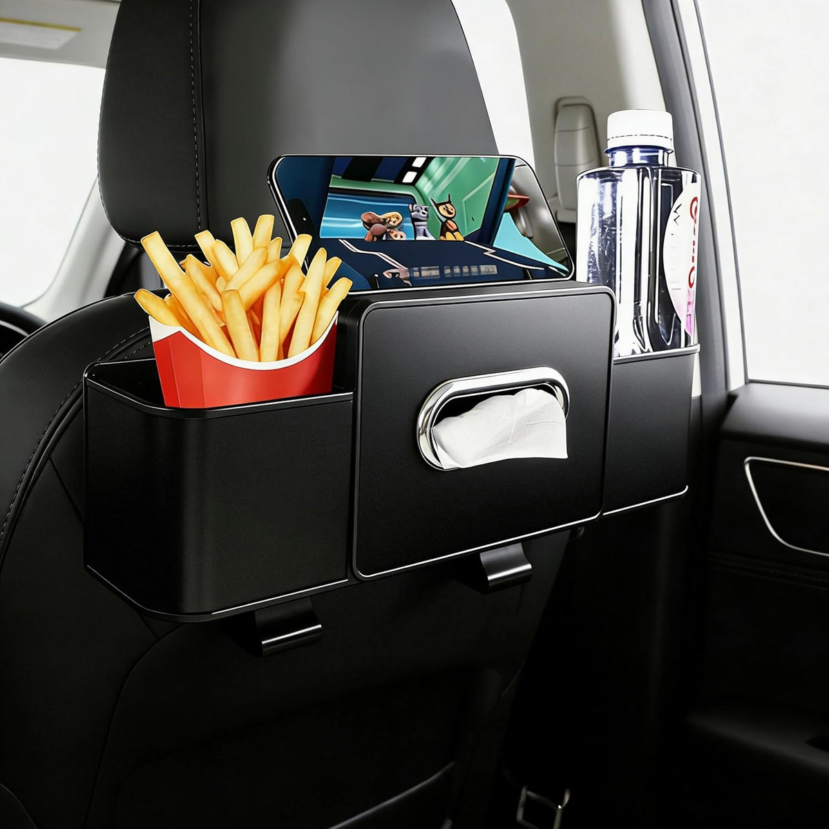Amooca Back Seat Car Organizer, 4+2 in 1 Multifunctional Car Backseat Storage Box with 2 Cup Holders Tissue Box Hook, Car Interior Storage for Travel Phones Snacks Drinks(Black)