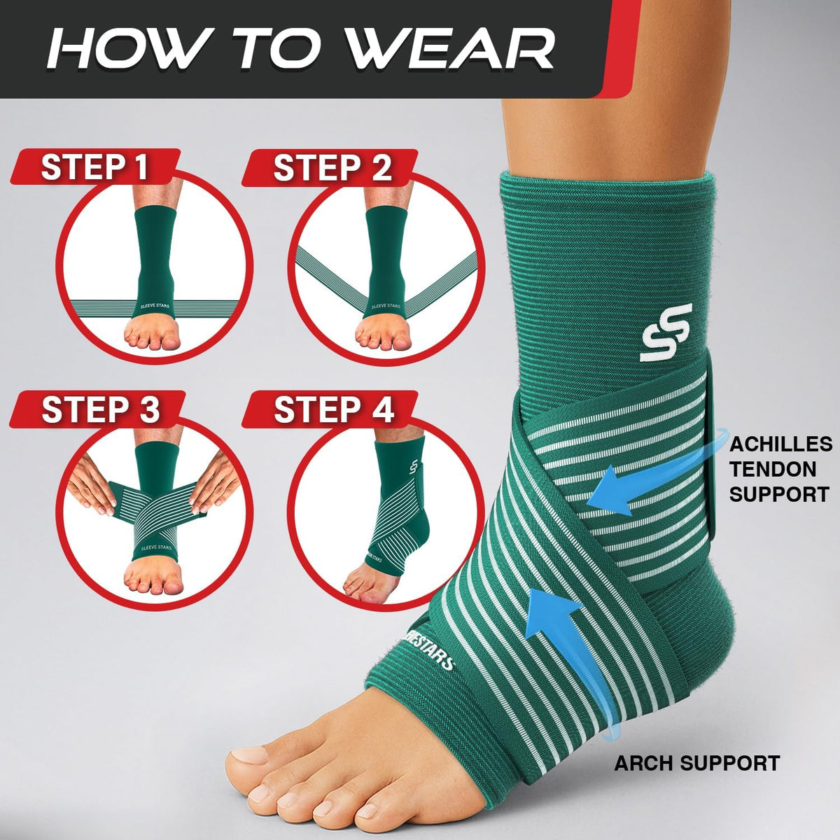 Sleeve Stars Ankle Brace - Compression Support for Sprains & Plantar Fasciitis Relief | Customizable Fit, Turquoise (Pair/M: 10"-12")