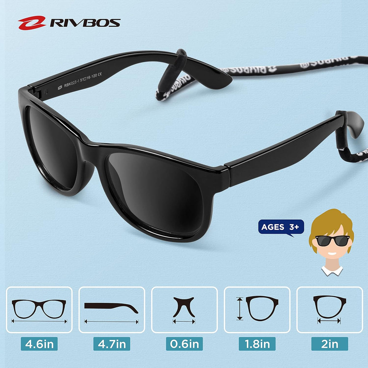 RIVBOS Kids Sunglasses - Polarized UV Protection with Flexible Rubber Strap | Stylish Shades for Boys & Girls