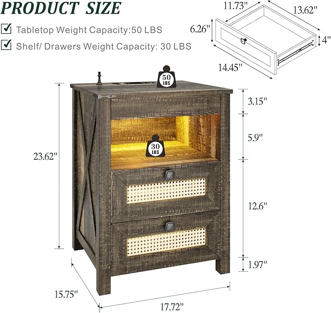 Night Stand with Gun Drawer, Bedside Table with Charging Station & LED Light, Gun Nightstand for Bedroom Living Room, Farmhouse End Table, Rustic
