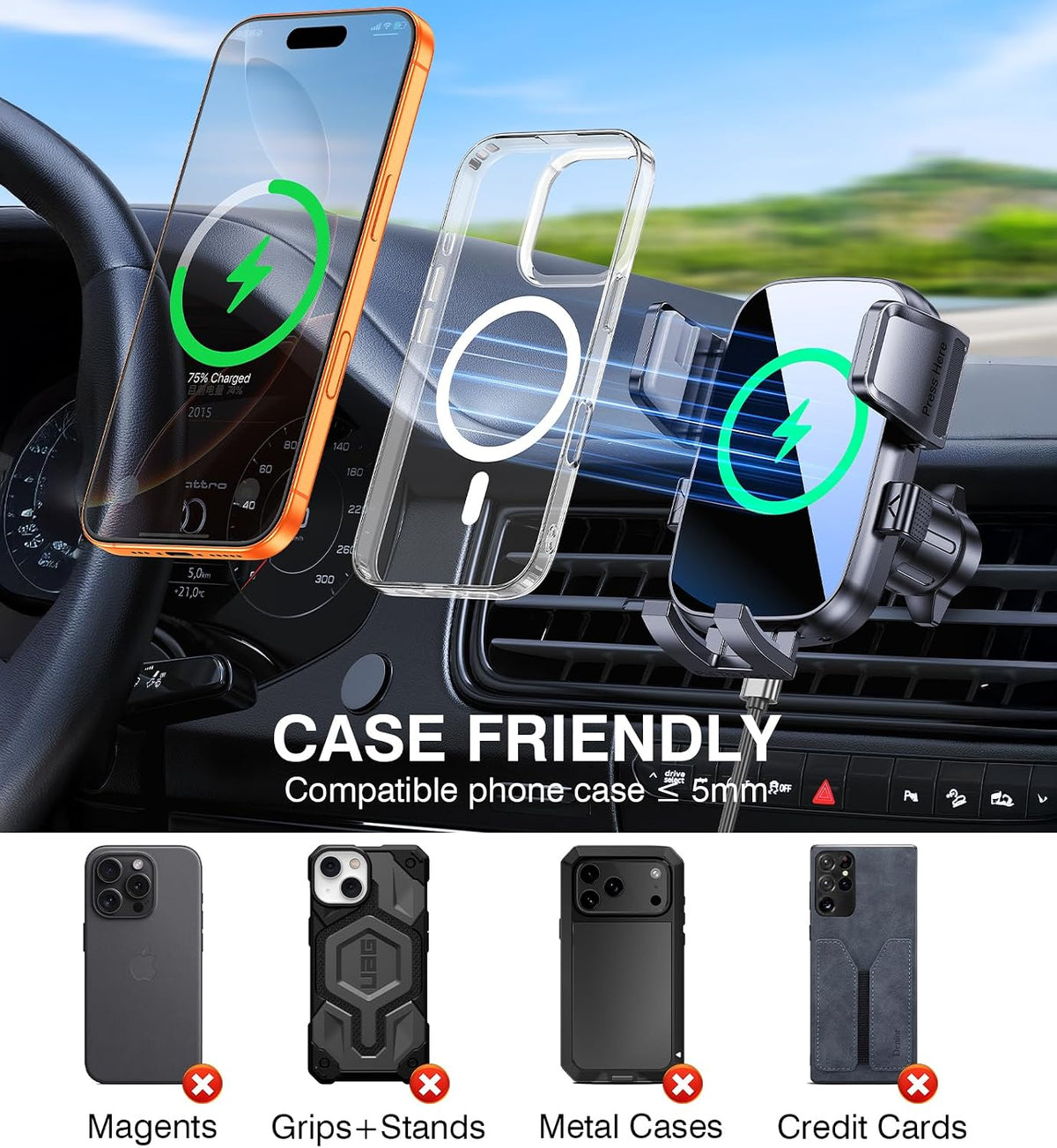 Kaistyle Wireless Car Charger【One Hand Manual Clamping】 Fast Wireless Charger for Car Phone Holder Mount Charger Phone Holders for Your Car Dashboard/Windshield/Vent Truck Mount for iPhone Samsung