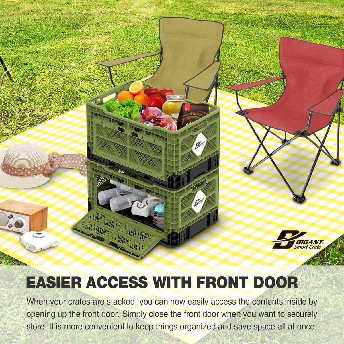 Bigant Heavy Duty Collapsible & Stackable Plastic Milk Crate-Medium Size, Olive, Stackable Open Front Organizer, Set of 1, Snap Lock Foldable Industrial Garage Storage Bin Container Utility Basket