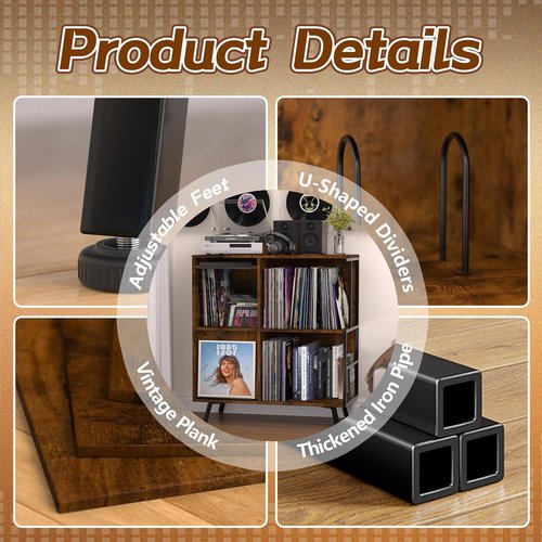 Faesun Vinyl Record Storage Stand - 3 Tier Flip Top Cabinet Holds 300+ Albums | Rustic Brown Turntable Display