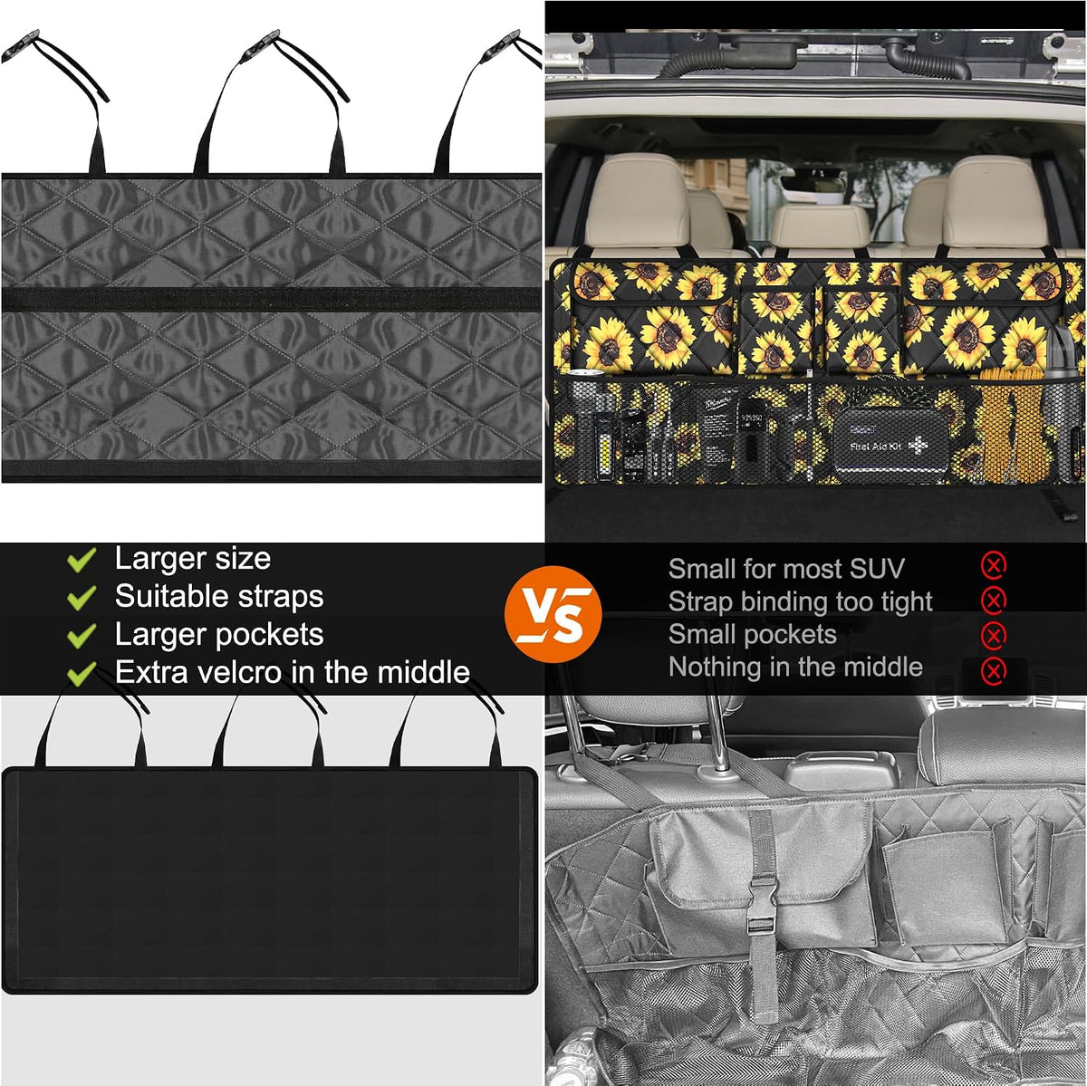 Femuar Car Trunk Organizer,Large Capacity Backseat Organizer(42 in*18 in),Collapsible Storage Bag with 8 Pocekt,Car Organizer for SUV/MPV/Truck - Sunflower TLAG-0114