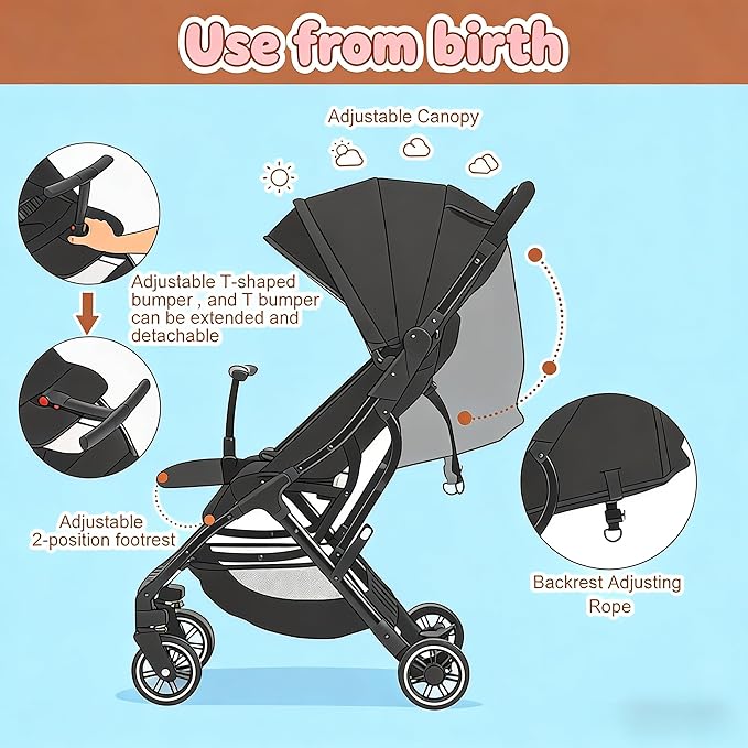 COOL KIDS Portable Stroller with Automatic Fold，Lightweight Umbrella Stroller with Pop Out Sun Canopy，Compact Strollers for Travel(Black)