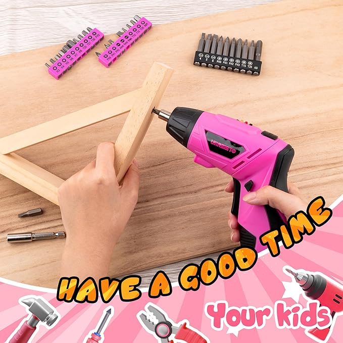 55-Piece Kids Real Tool Set, Electric Cordless Drill Tool Kit for Children with Interchangeable Bits, Flexible Shaft, Charger, All in Carrying Case, Power Drill Tools Set for Kid, Age 14+
