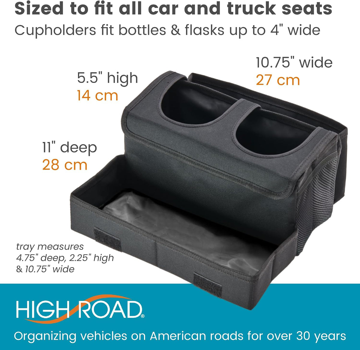 High Road CarHop Jr - Car Organizer with Cup Holders and Storage or Eating Tray for Car - Front Seat Organizer for Drivers and Back Seat Organizer for Kids and Adults