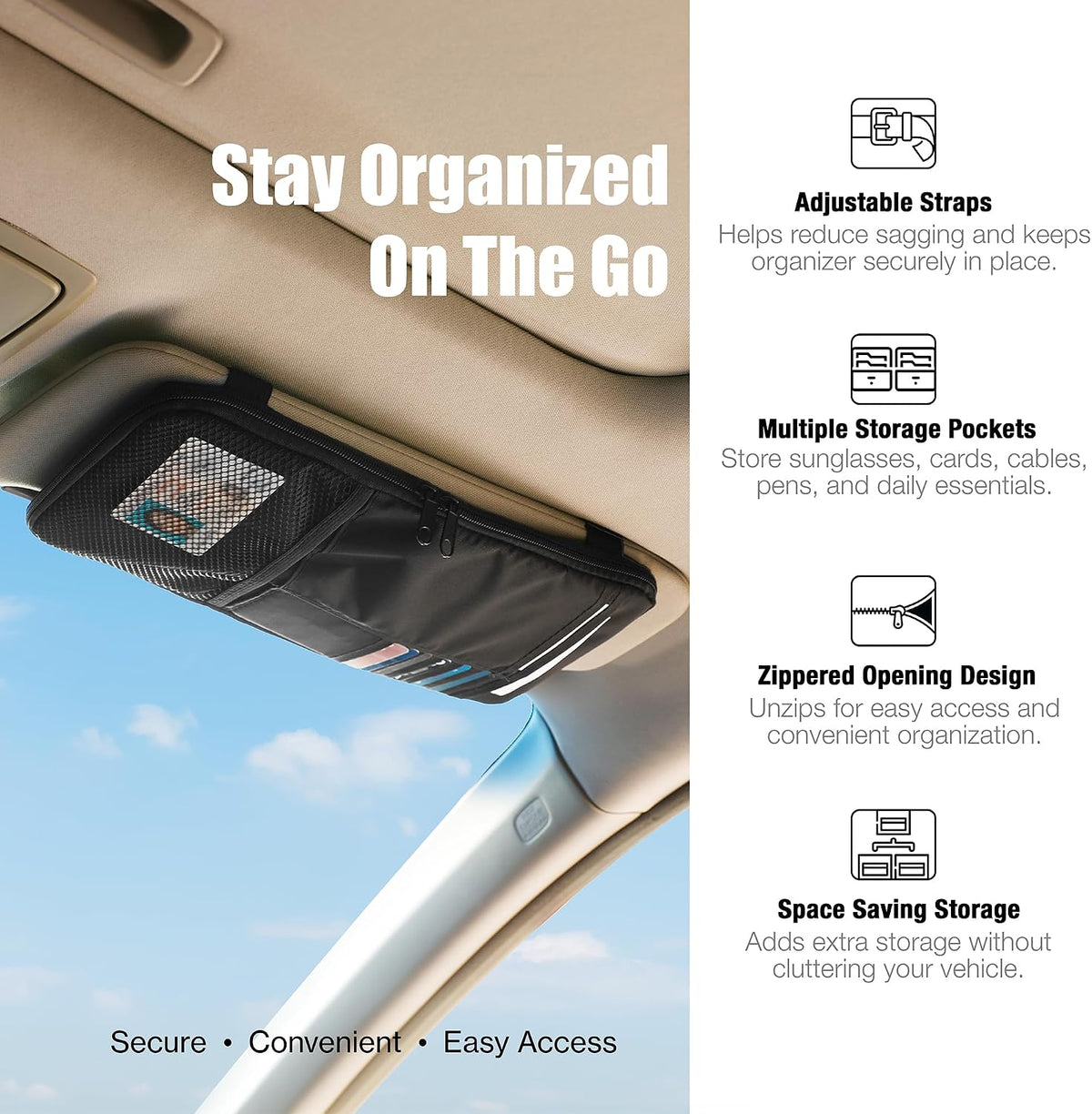 Car Visor Organizer – Non-Sag Adjustable Straps – Nylon Sun Visor Storage Pouch with Card Holders, Pen Slots & Mesh Pockets – Universal Fit for Most Cars, Trucks & SUVs