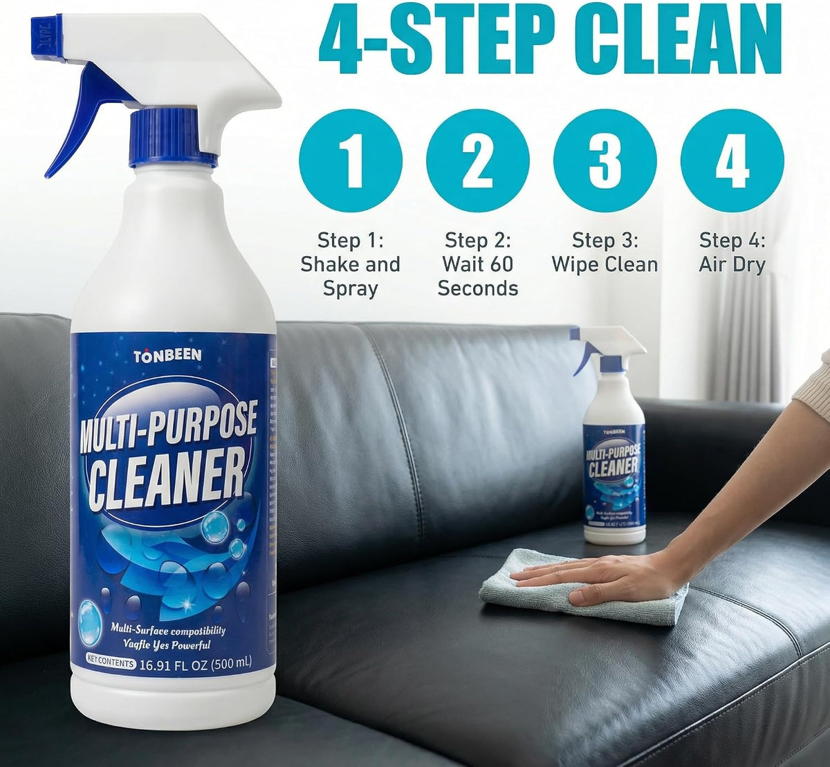 Leather Cleaner and Conditioner for Couches, Car Seats, Bags, Jackets &amp; Furniture | Effective on Fingerprint, Dust, Light Oil &amp; Water Stains | Safe for Most Leather, PU &amp; Faux Leather Surfaces | 500ml