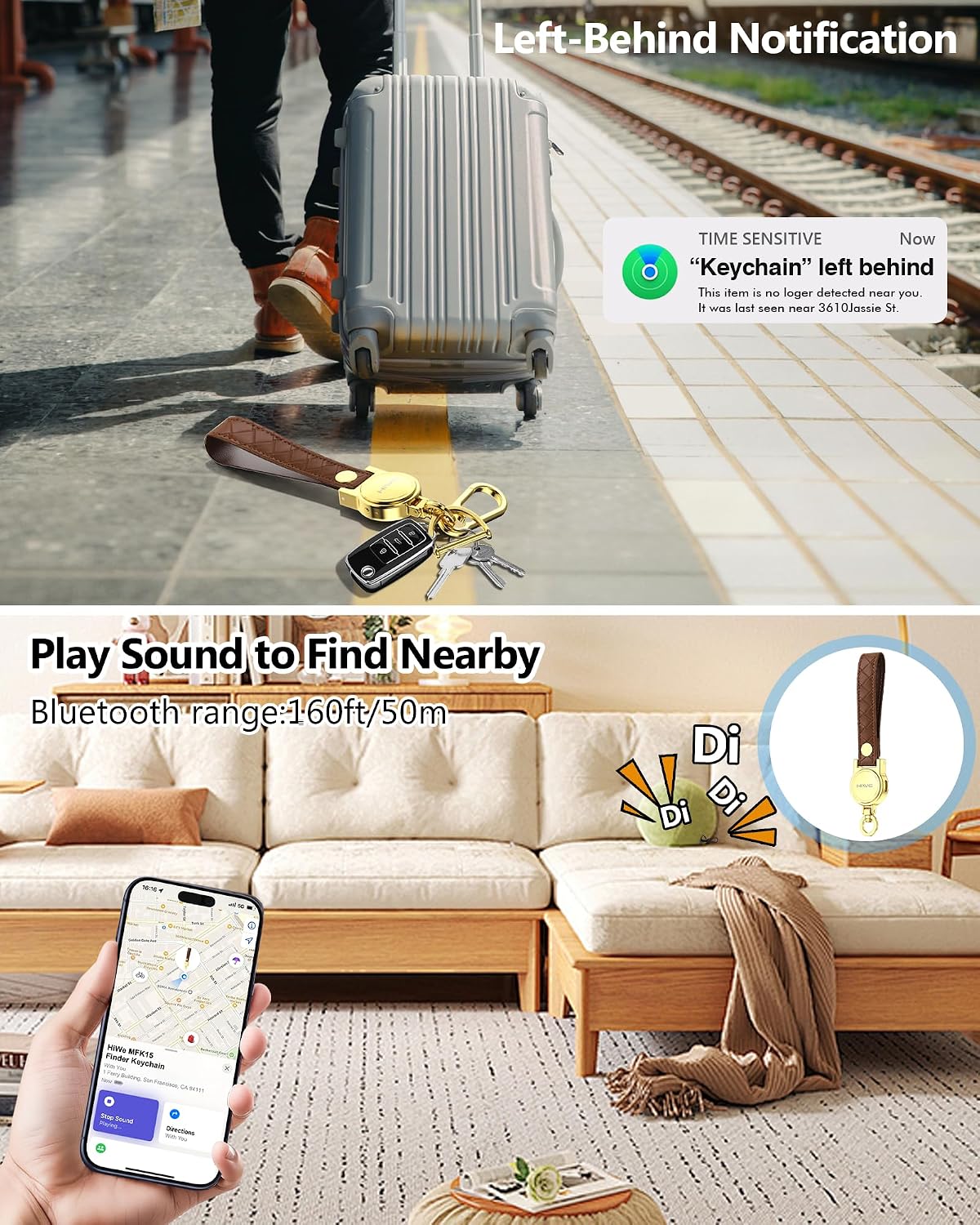 HiWe Anti-Lost Keychain, Works with Apple Find My, Carabiner Car Key Holder with Texture Leather Strap, Bluetooth Key Finder Tracker, USB-C Rechargeable, Brown