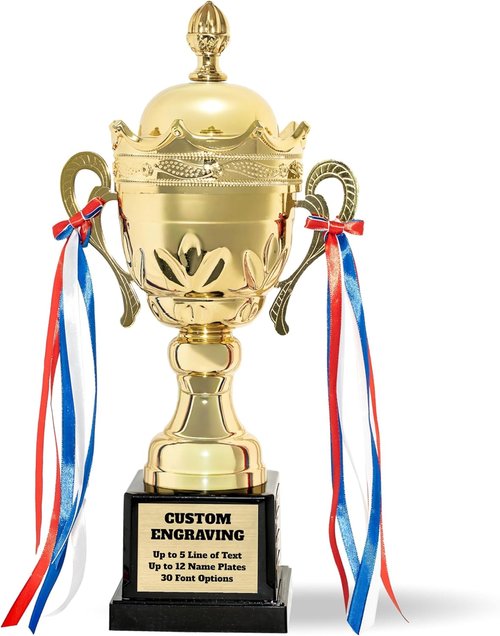 Alpha Awards Large Gold Trophy Cup - Custom Engraved Name Plates | 15.75 Inch Tall for Sports & Tournaments