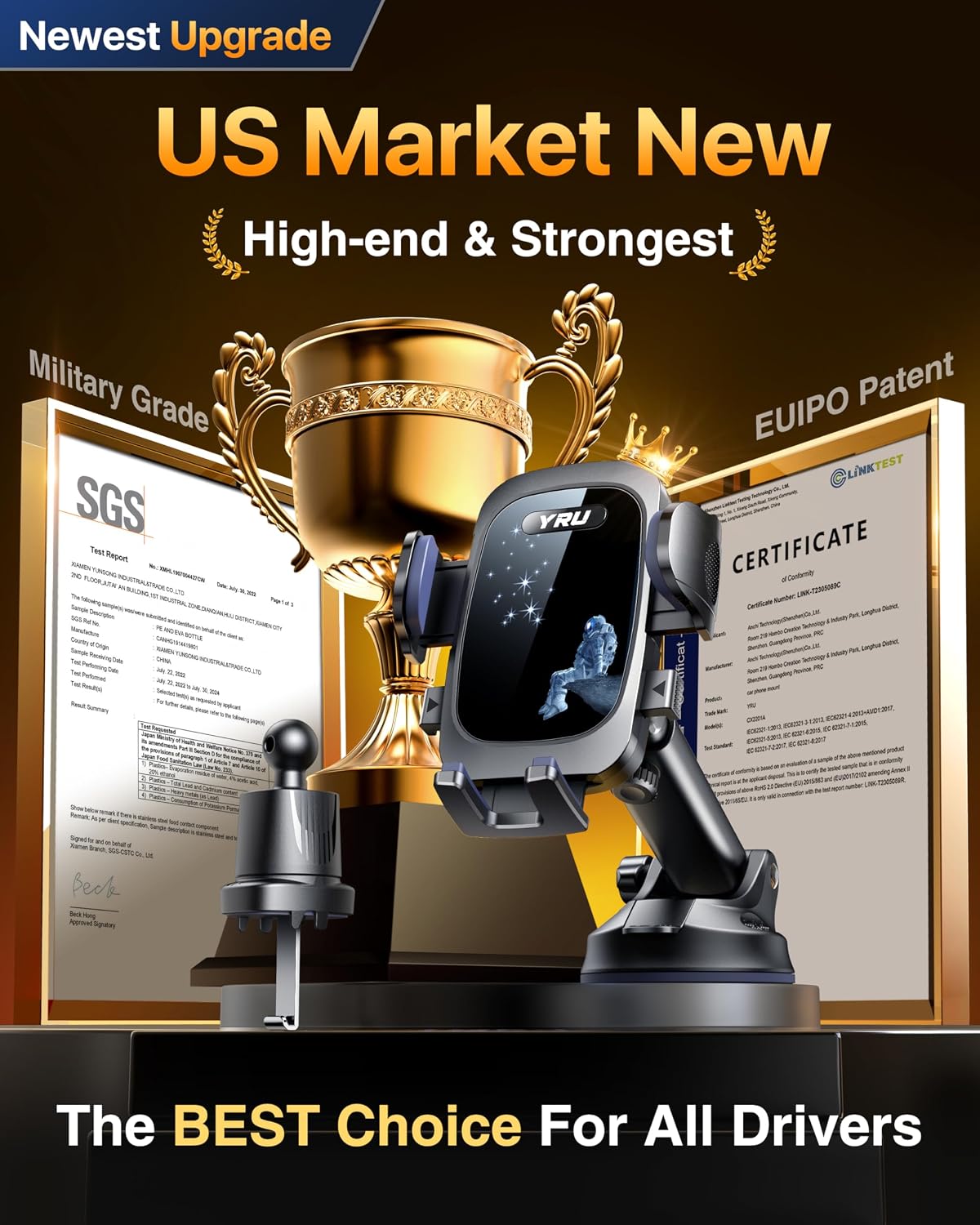 YRU True Military-Grade 360°Rotation Suction 2026 Ultimate Car Phone Holder