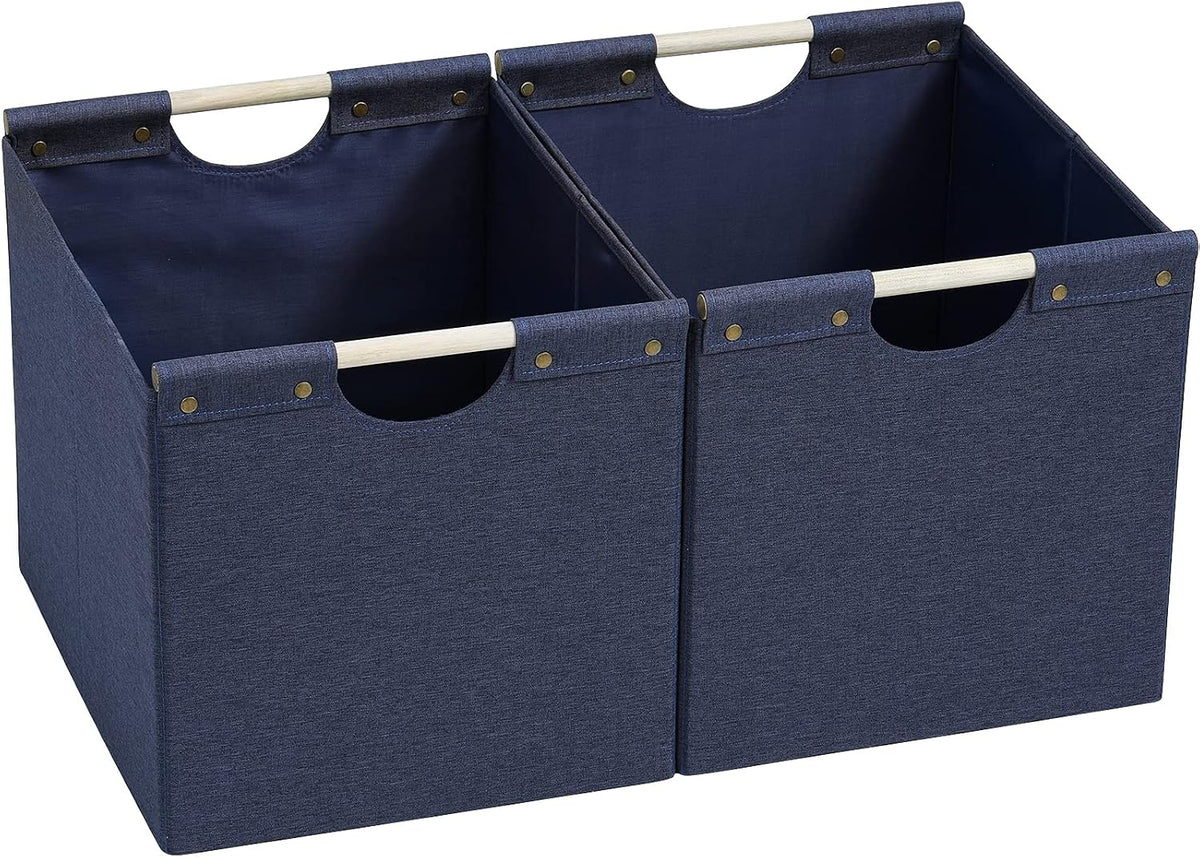 HOONEX Large Collapsible Storage Bins, Linen Fabric, 2 Pack, Storage Baskets with Wooden Carry Handles and Sturdy Heavy Cardboard, for Home, Office, Car, Nursery, Brown