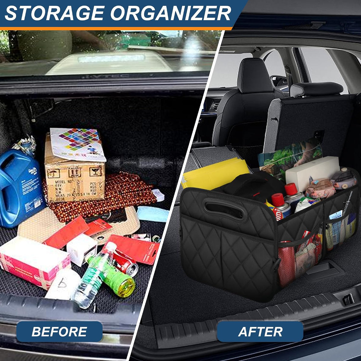 Deosk Minimalist Black Car Trunk Organizer, 50L, 6 Pockets, Foldable & Waterproof