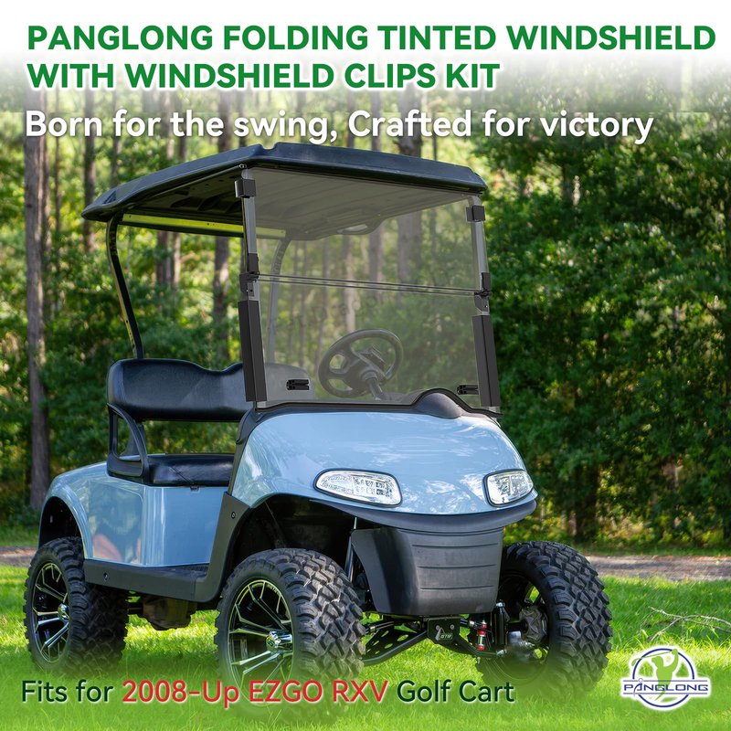 Panglong EZGO RXV Windshield Tinted, Golf Cart Windshield with all Windshield Clips for 2008-Up EZGO RXV Models -38.09"W X 31.89"H, No Drilling Foldable EZGO Windshield