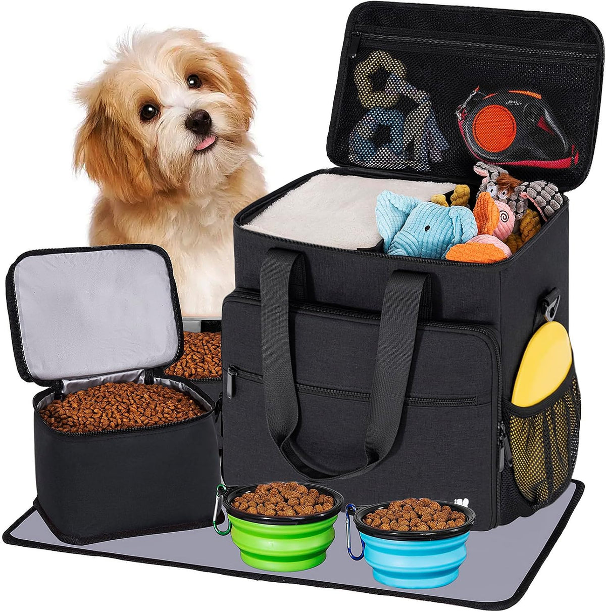 Dog Travel Bag, Large Pet Travel Set with Multi-Function Pockets, 2 Food Storage Containers, 2 Collapsible Bowls, 1 Feeding Mat for Pet Supplies, Road Trip Essentials, Weekend Camping (Black)