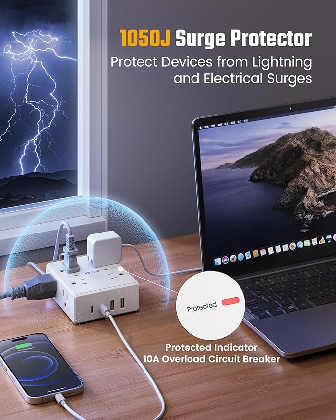 15Ft Long Extension Cord, Surge Protector Power Strip with 8 Outlets & 4 USB Ports (2 USB C), Flat Plug Power Strip Wall Mountable, Desk Charging Station for Home Office, College Dorm Room Essentials