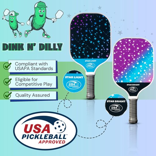Dink N' Dilly Pickleball Paddle Set - USAPA Approved, Lightweight with Cushion Grip, Includes 2 Pickleball Paddles & 2 Balls, Premium Quality for All Skill Levels and Competitive Play