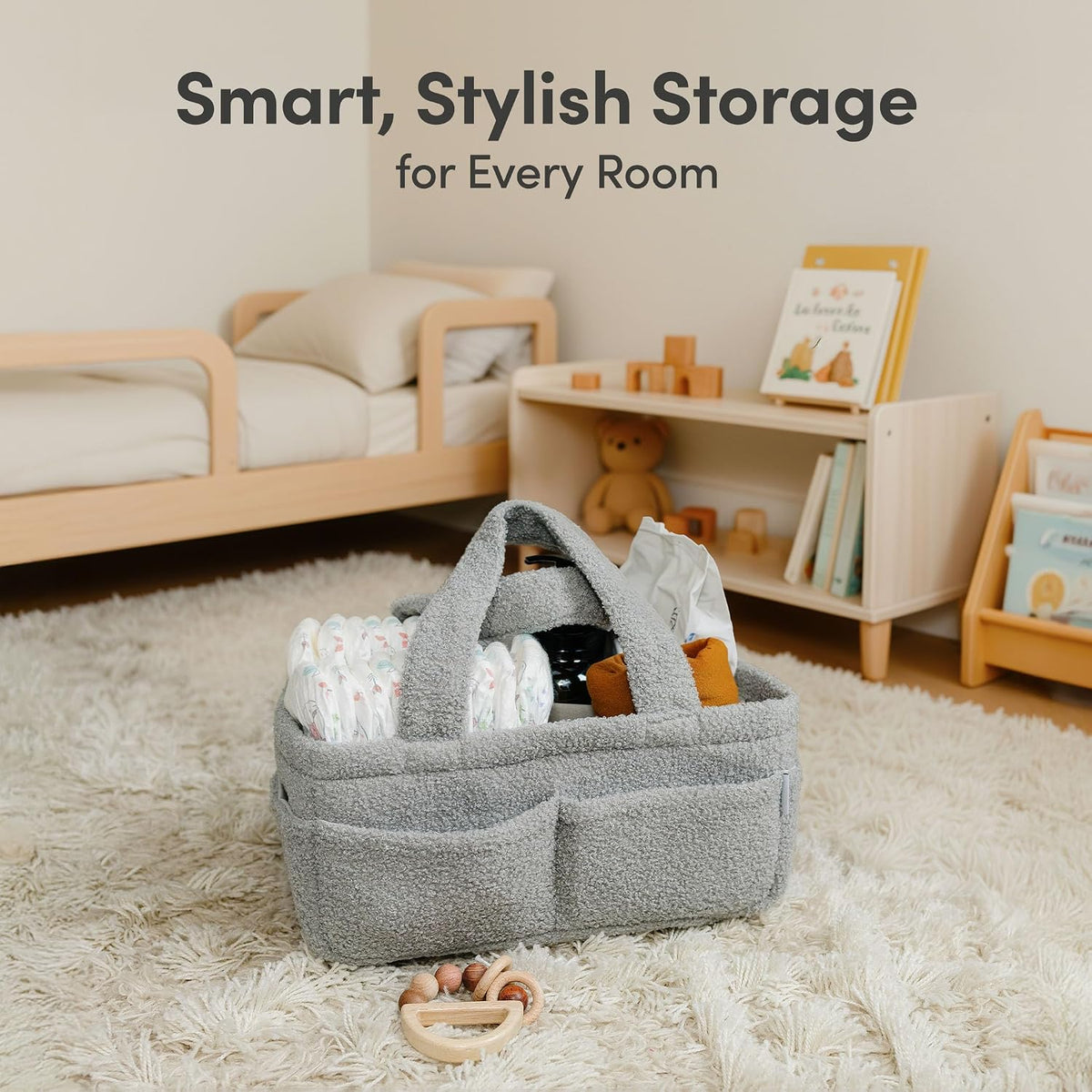 PUTSKA Baby Diaper Caddy Organizer for Changing Table – Stylish Nursery Storage Basket, Newborn Essentials, Baby Shower Gifts and Registry Must-Haves for Boy or Girl, Car Diaper Caddy, Fleece Grey