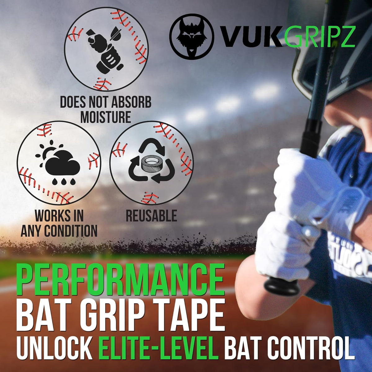 VukGripz Baseball Bat Grip Tape - Non-Sticky, Moisture-Wicking, Vibration-Reducing | USA Made