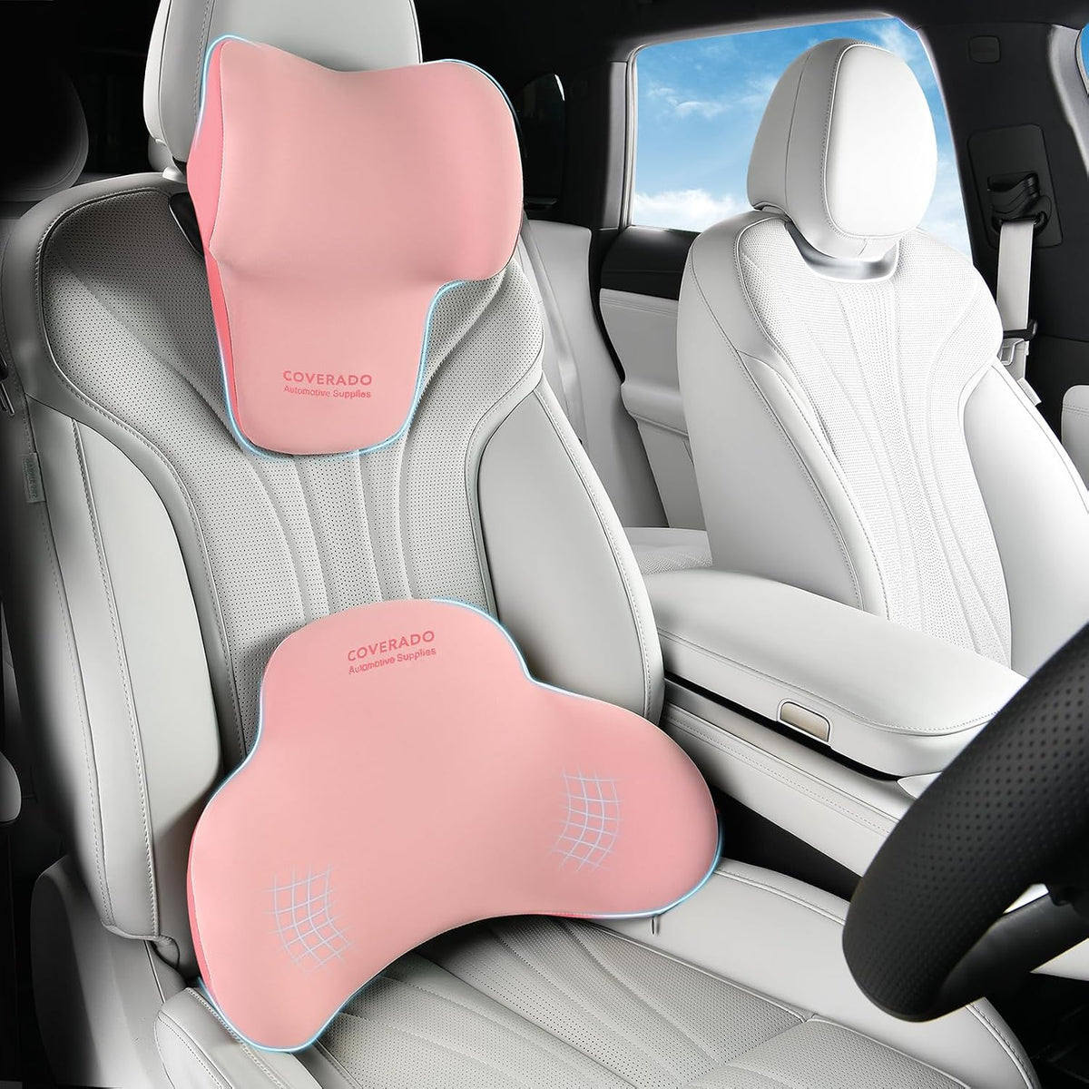 Coverado Lumbar Support and Car Neck Pillow, Ergonomic Memory Foam Desk Chair Cushion and Headrest Pillow for Car Office Chair, Sciatica & Neck & Tailbone Cushion-Pink
