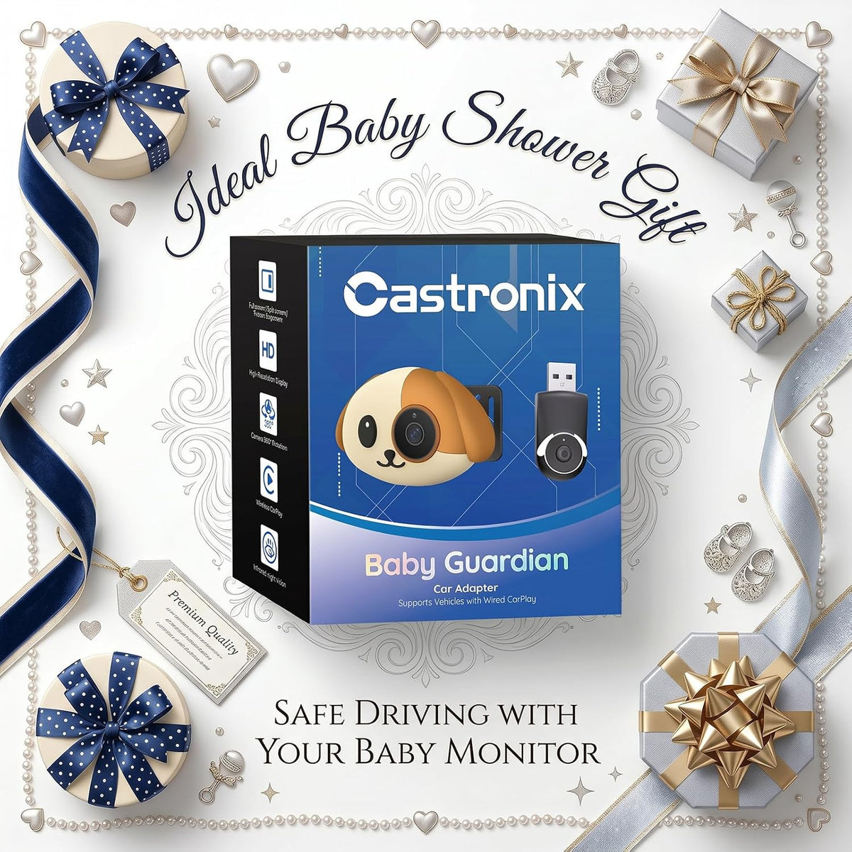 Cabin Care 1080P Baby Car Camera with Wireless CarPlay Adapter for iPhone Only, Real-Time Rear Seat Monitor, 150° Wide-Angle, IR Night Vision, Works with Factory Wired CarPlay (Dog)