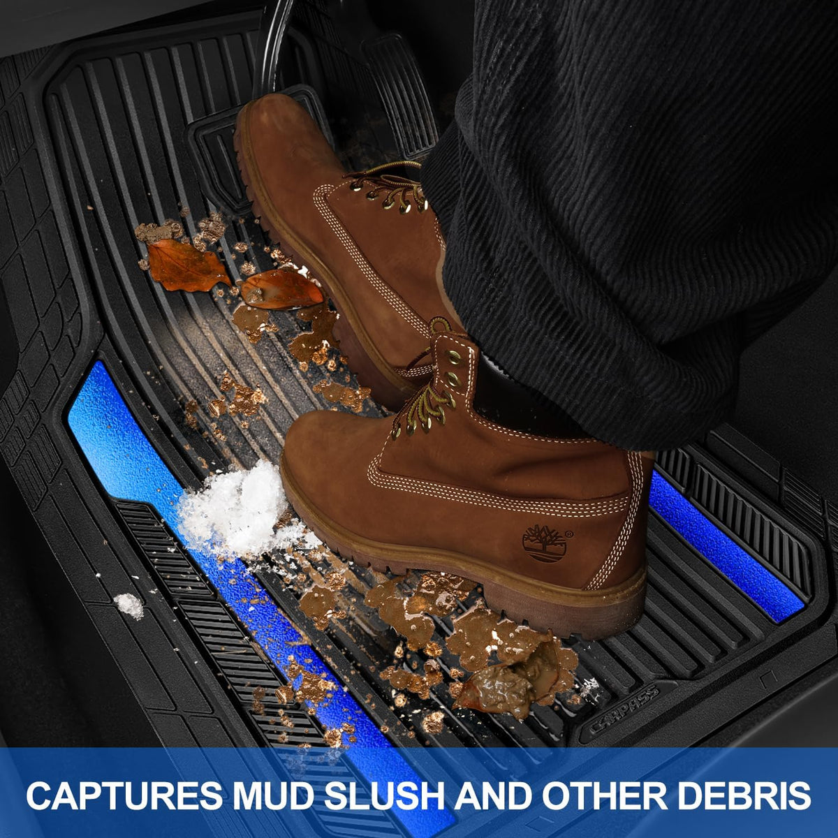 CAR PASS Heavy Duty Rubber Car Mats Metallic,Aluminum Film All Weather Floor Mats Waterproof Universal Trim to Fit Automotive SUV Sedan Van 4 Piece Anodized Deep Dish Two-Tone Sporty Black Blue Chrome