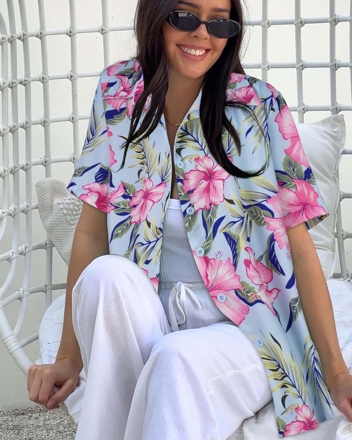Skiennix Women’s Hawaiian Shirt - Cool Summer Button Down Blouse | Short Sleeve V-Neck Top