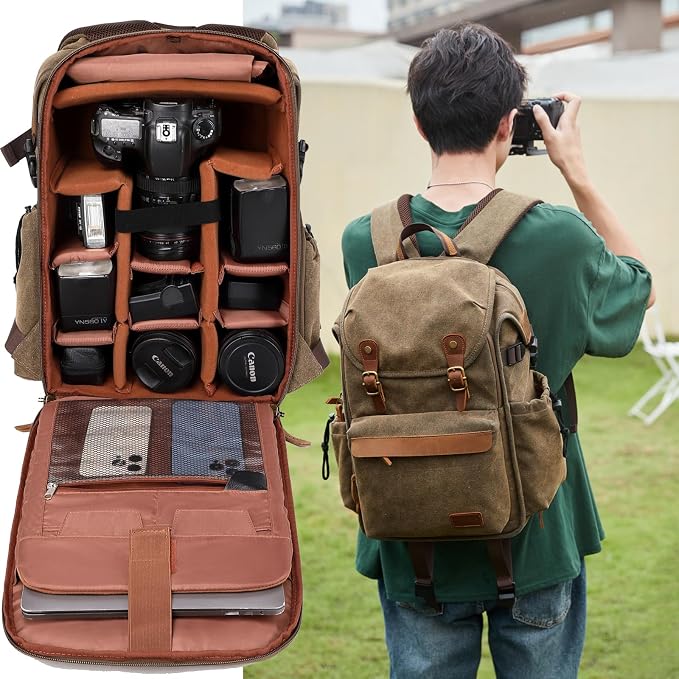 Vintage Canvas Camera Backpack for DSLR/Mirrorless & Drone, Waterproof