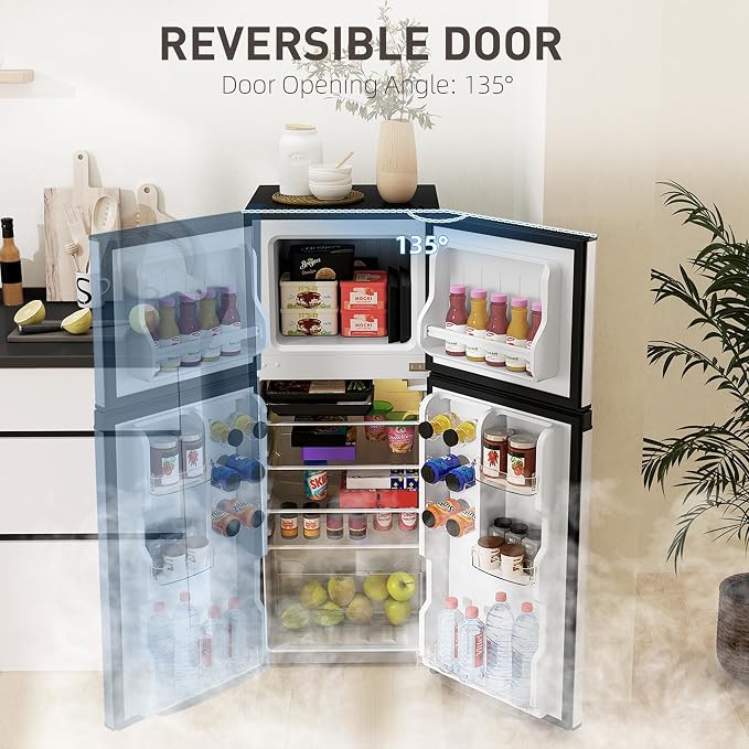 HOMCOM 4 Cu.Ft Mini Fridge with Freezer Double Reversible Silver | Compact Refrigerator, Adjustable Thermostat, Shelf, for Bedroom Dorm Home Office, Energy Efficient