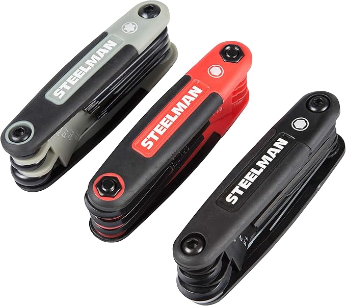 Steelman 3-Piece Set Folding Hex Key Wrench Tools, SAE, Metric, and Torx Allen Wrench Sets, Chamfered Ends, Rubberized Grip