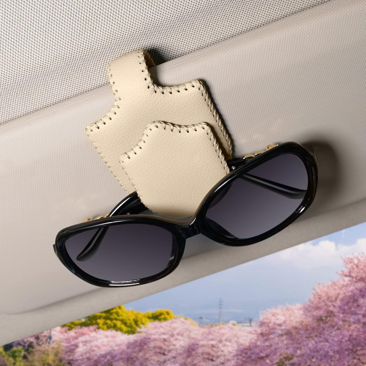AMVOYOA Sunglass Holder for Car ，Hand Sewn Leather Sunglasses Clips for Car Visor ，Universal Car Magnetic Eyeglass Holder，Ticket Card Clip for Car Visor Accessories（Gray）