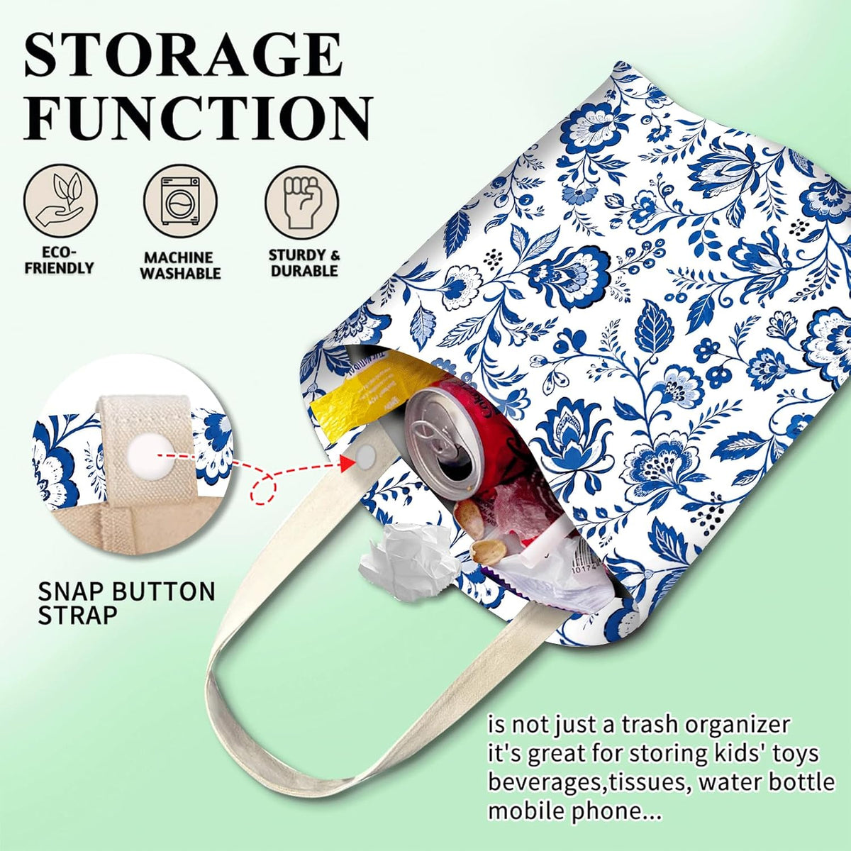 Car Trash Can, Cute Car Trash Bag, Hanging Car Organizer and Storage Bag, Trash Bin for Car Accessories, Vehicle, Travelling, Camping Cute Blue Floral