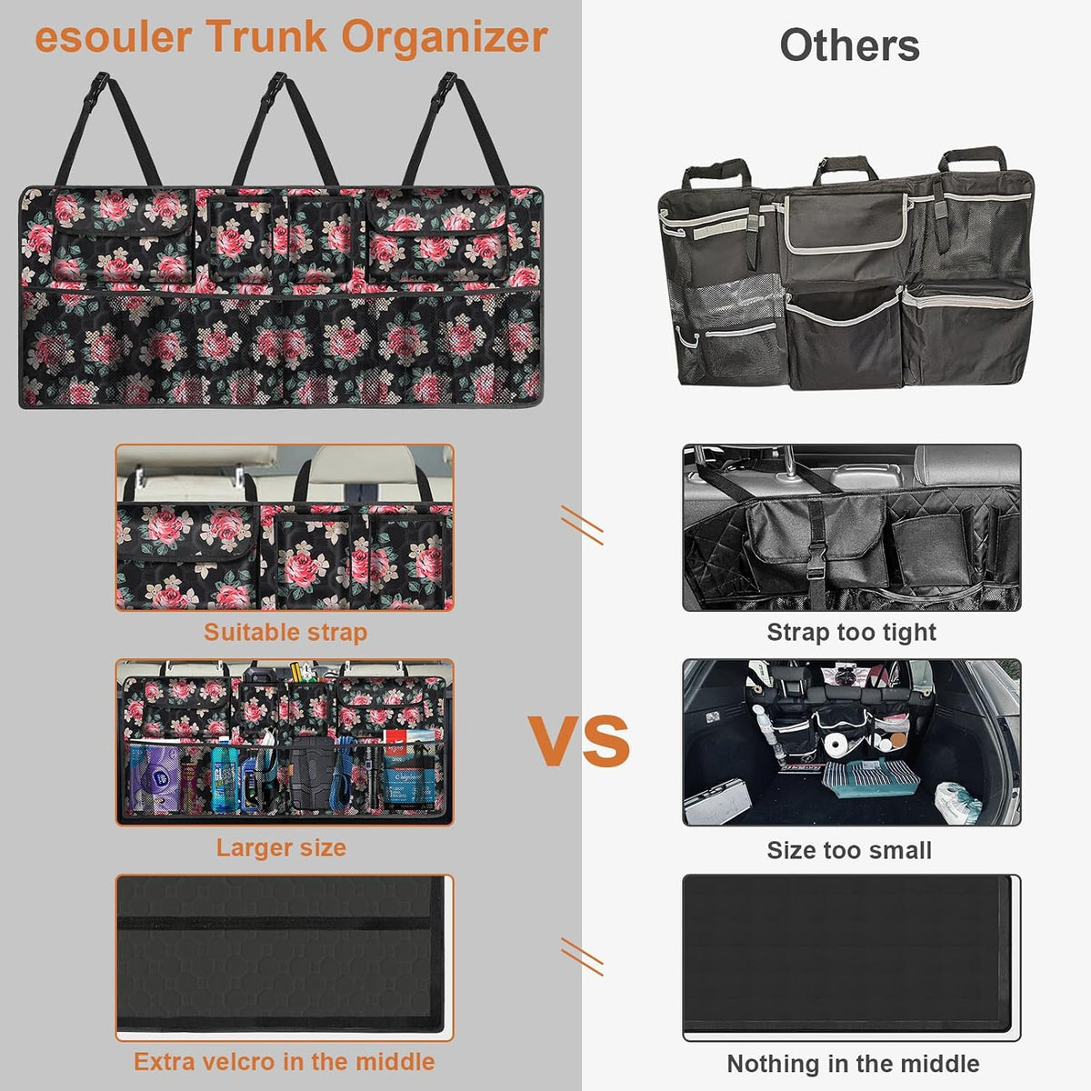 Car Trunk Organizer, Super Capacity Backseat Car Organizer for SUV/Truck/MPV(42"*18"), Hanging Car Storage Organizer with 8 Pocekts, Car Accessories for Women and Men- Floral