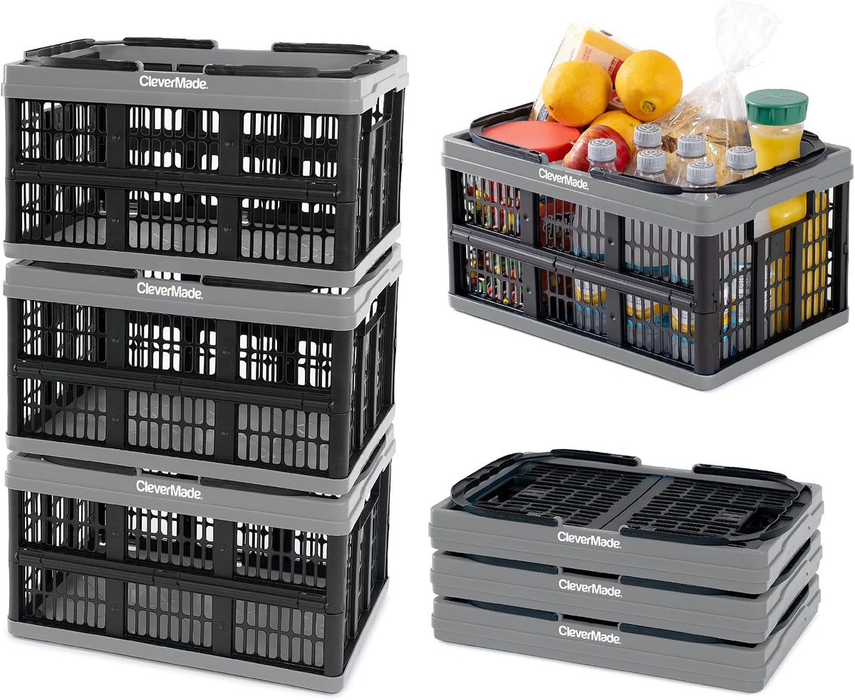 CleverMade Collapsible Shopping Basket with Handles – 24L Collapsible Grocery Tote, Plastic Storage Baskets Fold Flat, Stackable Collapsible Storage Bins for Car & Home - Stone