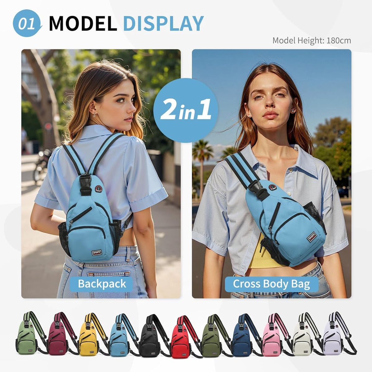 Skiennix Convertible Sling Bag - Lightweight Crossbody Backpack for 7.9" Tablet | Casual Travel & Hiking (Blue)