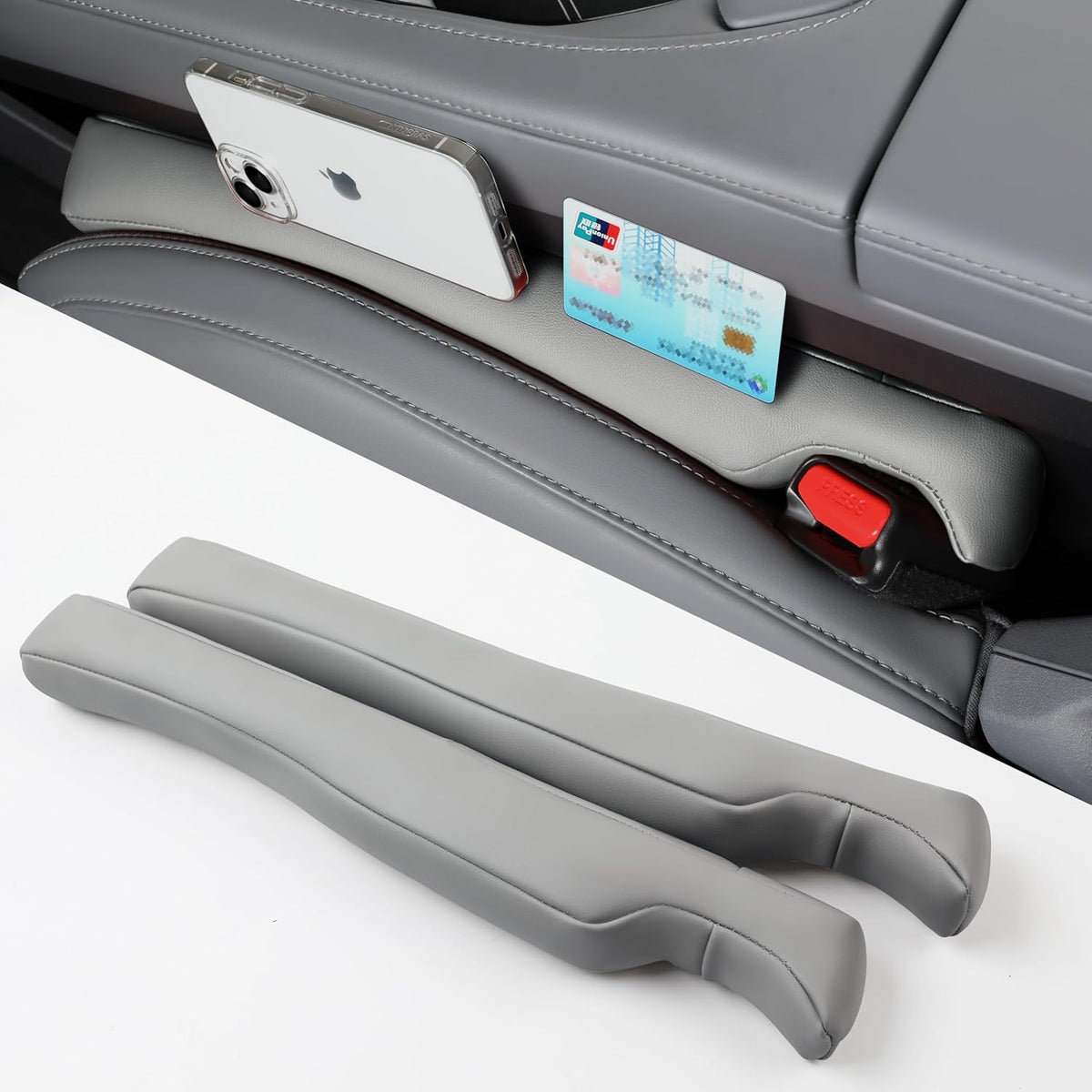 Car Seat Gap Filler - 2 Pack Premium Leather Console Blockers for Cars, Trucks & SUVs - Adjustable 1.4-2.4 Inch Width - Prevents Items Falling Between Seats (Grey)