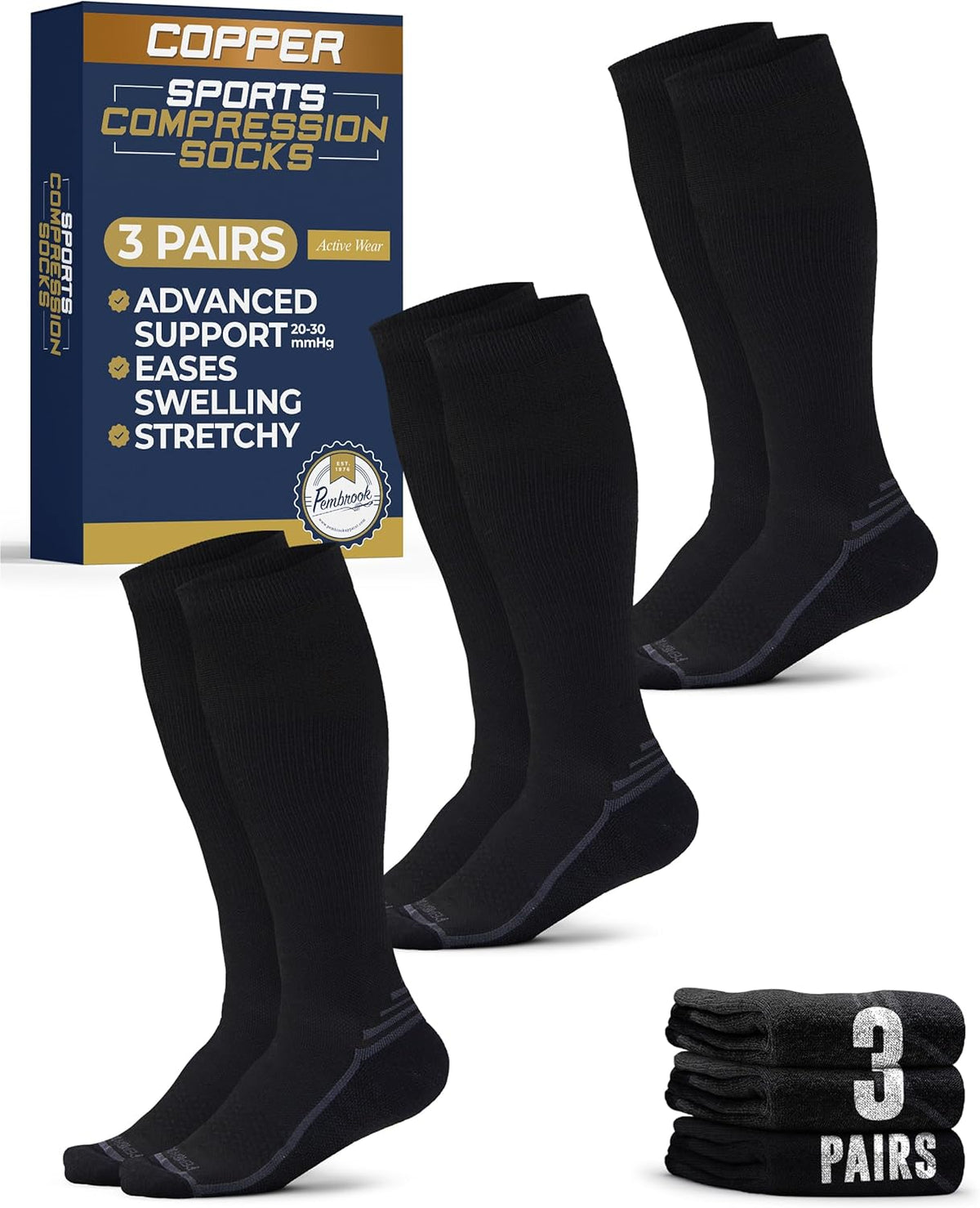 Pembrook Copper Compression Socks for Men - 20-30 mmHg | Ideal for Running, Hiking, and Travel